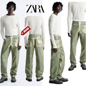 Zara relaxed fit olive army green metallic gold foil denim jeans Sz 29 NWT